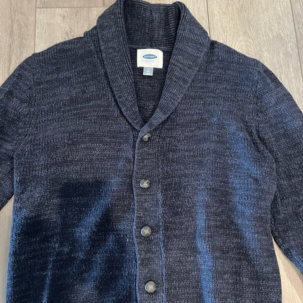 Old Navy Dark Charcoal Cardigan Sweater with Shawl Collar and Knitted Texture